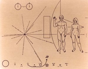Snímek NASA slavné plakety Pioneer 10. Piktogram je vyrytý do pozlacené eloxované hliníkové desky o rozměrech 152 x 229 milimetrů (6 x 9 palců), která je připevněna k nosným vzpěrám antény kosmické lodi, aby byla chráněna před erozí mezihvězdným prachem. Tato verze má opravený sklon fotografie a sken byl vyčištěn. Autor: NASA