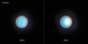 Fotografie Uranu pořízené Hubbleovým dalekohledem v letech 2014 a 2022 Autor: NASA, ESA, STScI, Amy Simon (NASA-GSFC), Michael H. Wong (UC Berkeley), zpracování Joseph DePasquale