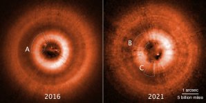 Porovnání dvou fotografií protoplanetárního disku o průměru 440 AU kolem hvězdy TW Hydrae z let 2016 a 2021. V roce 2016 se stíny nacházely blízko u sebe, a proto si astronomové dlouho mysleli, že je jen jeden. Až následující léta ukázala i ten druhý. Autor: NASA/ESA/HST