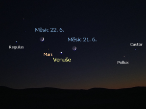 Setkání Měsíce, Venuše a Marsu 21. a 22. 6. 2023 Autor: SkyExplorer/iQLANDIA/Martin Gembec