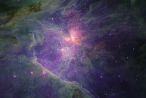 Centrum Velké mlhoviny v Orionu zachycené dalekohledem Jamese Webba pomocí přístroje NIRCam v delších vlnových délkách blízkého infračerveného světla. Autor: ESASky