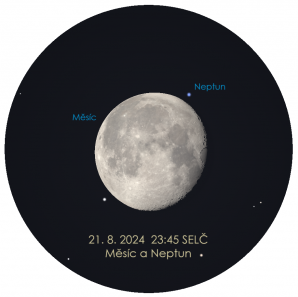 Měsíc v těsné konjunkci s Neptunem v noci z 21. na 22. srpen 2024. Autor: Stellarium / Jan Veselý