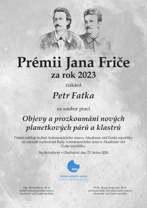 Diplom Prémie Jana Friče za rok 2023 Autor: Astronomický ústav AV ČR