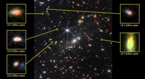 Skupina galaxií SMACS 0723, s pěti vyznačenými galaxiemi které byly vybrány pro studii. Autor: NASA, ESA, CSA, STScl, Giménez-Arteaga et al. (2023), Peter Laursen (Cosmic Dawn Center).