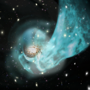 Ilustrácia pohybu plynu v centre kopy galaxií v Kentaurovi vytvorená na základe pozorovania družice XRISM a iných družíc. Modrá označuje plyn o vysokej teplote, biela galaxie a hnedá nízkoteplotný plyn. Autor: JAXA