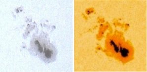 Skupina slunečních skvrn AR 4079 z 6. 5. v 06:00 UT. Vlevo foto Hvězdárna Rokycany CoolPix Nikon P950, vpravo zvětšený detail sondy SDO. Autor: Karel HALÍŘ