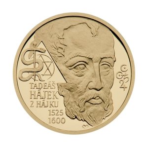 Portrét Tadeáše Hájka z Hájku se nachází také na zlaté medaili ze sady Doba Rudolfa II. z roku 2009. Autor: Doba Rudolfa II.-Tadeáš Hájek z Hájku | Česká mincovna
