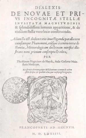 Hájkova nejvýznamnější kniha De novae et privs... , která pojednává o pozorování novy v roce 1572. Autor: SLOUKA, Hubert, Dr., Věda a Život, Svazek II, Osvěta, státní osvětové nakladatelství, Praha XII, 195