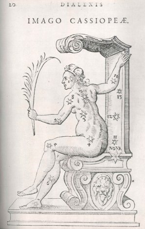 Ilustrace z Hájkovy knihy Dialexis (Dialog) se zakreslením nové hvězdy. Ta se nachází na začátku opěradla trůnu. Autor: SLOUKA, Hubert, Dr., Věda a Život, Svazek II, Osvěta, státní osvětové nakla-datelství, Praha XII, 19