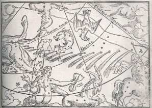 Kresba z knihy Descriptio cometae (Popis komety) zobrazuje pouť komety z roku 1577 po obloze. Autor: SLOUKA, Hubert, Dr., Věda a Život, Svazek II, Osvěta, státní osvětové nakladatelství, Praha XII, 195