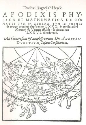 Kniha o kometách Apodixis physica et mathematica de cometis tum in genere tum in primis de eo qui proxime elapfo anno LXXX in cofinio fere mercurii veneris effulfit (Fyzikální a matematický důkaz o kometách, jak obecně, tak především o té která se objevila na pomezí Merkuru a Venuše v roce 1580). Autor: SLOUKA, Hubert, Dr., Věda a Život, Svazek II, Osvěta, státní osvětové nakladatelství, Praha XII, 195