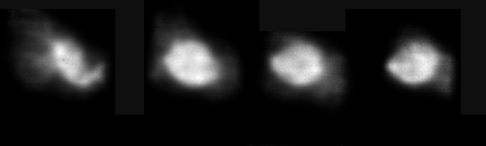 Snímky jádra 1P/Halley z největšího přiblížení. Byly pořízeny sovětskou kosmickou sondou Vega-1 ze vzdáleností 9300 — 9800 km. Autor: ece/emhalley