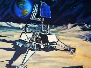 Umělecké zobrazení prvního přistání sondy typu Surveyor na Měsíci. Autor: Carlos Lopez / Hughes Aircraft / NASA