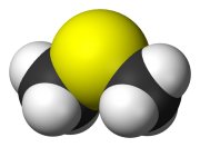 Model molekuly dimethylsulfidu (síra žlutě, uhlík šedě, vodík bíle) Autor: Benjah-bmm27 (volné dílo)