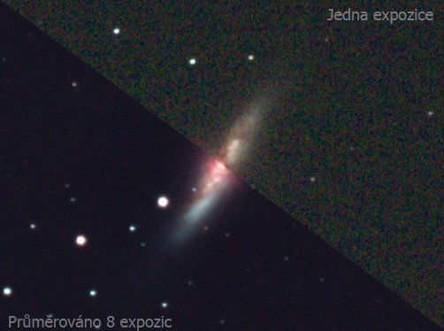Pro srovnání snímek galaxie M 82 vzniklý průměrováním osmi dvouminutových expozic, navíc je aplikován dark frame. Druhá polovina snímku je jeden surový snímek bez aplikace dark framu. Autor: Klub astronomů Liberecka