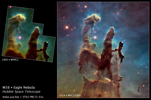 Mlhovina M 16 v souhvězdí Štítu, detail sloupů stvoření verze 2015 HST Autor: NASA, ESA, and the Hubble Heritage Team (STScI/AURA)