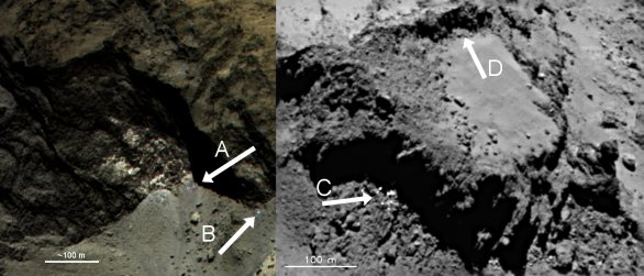 Podpovrchový led v jádře komety 67P Churyumov-Gerasimenko Autor: ESA