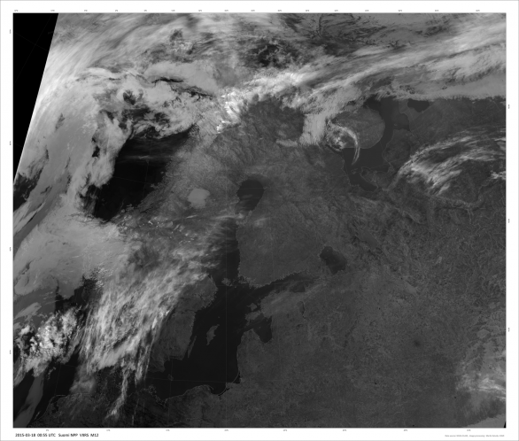 Severní Evropa v kanálu M15 bez polární záře. Autor: Družice Suomi NPP/DNB.