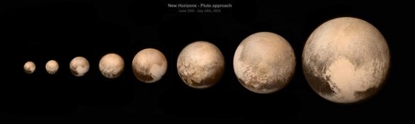 Pluto tak, jak jej postupně New Horizons viděla mezi 25. červnem a 13. červencem 2015. Autor: NASA, Damian Peach.