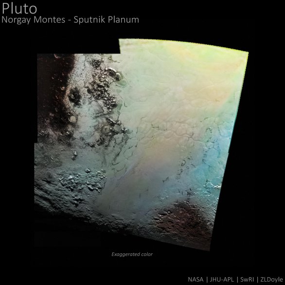 Mozaika části světlé oblasti nazvané týmem New Horizons jako Tombaugh Regio. Dole vidíme pohoří Norgay Montes a nahoře světlé Sputnik Planum Autor: NASA/JHUAPL/SWRI/ZLDoyle