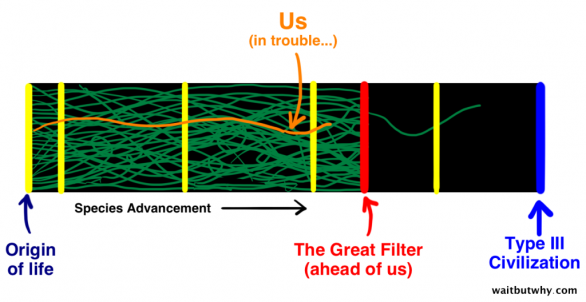 (modře) Počátek života - (oranžově) My v problémech - (červeně) Velký Filtr před námi - (modře) Civilizace Typu III Autor: waitbutwhy.com