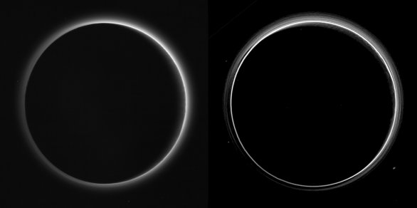 Atmosféra Pluta. Vlevo snímek ze sondy, vpravo zvýrazněny vrstvy Autor: NASA/JHUAPL/SWRI