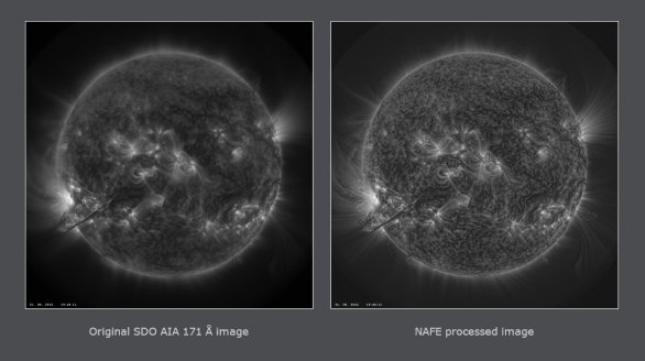 Snímek SDO AIA 171 Å vyprodukovaný NASA (vlevo) a zpracovaný programem NAFE (vpravo). Autor: Miloslav Druckmüller