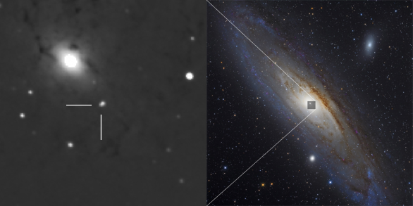 Nova M31N 2015-12a těsně u kulové hvězdokupy Bol 124 a pozice zobrazeného výřezu v kontextu celého pole M31. Autor: Pavel Cagaš, Kamil Hornoch a Martin Myslivec