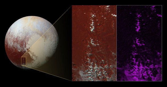 Analýza výskytu metanového ledu na vrcholcích hor protínajících východní část oblasti Cthulhu na Plutu Autor: NASA/JPL/SwRI