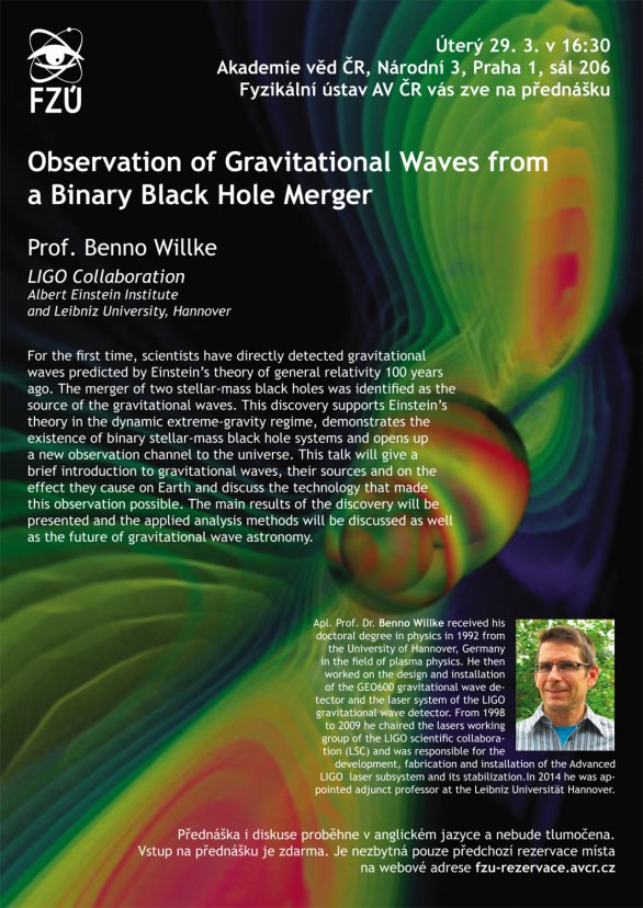 Pozvánka na přednášku o prvním přímém pozorování gravitačních vln Autor: Fyzikální ústav AV ČR