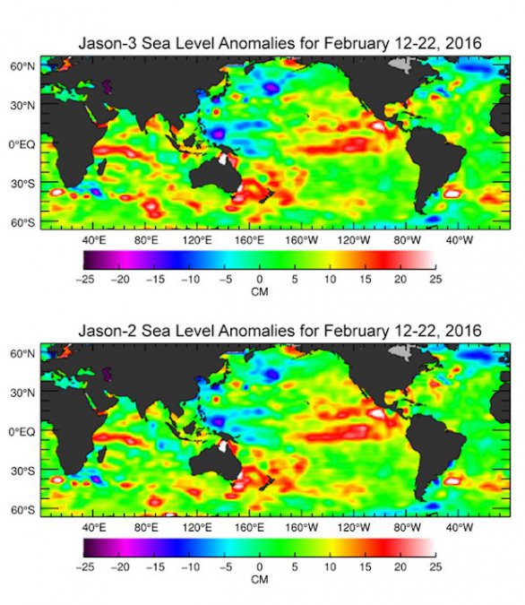 Změny ve výšce mořské hladiny mezi 12. a 22. únorem – porovnání údajů z družic Jason-2 a Jason-3 Autor: NASA/JPL-Caltech/Ocean Surface Topography Science Team