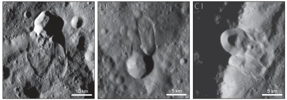 Tři ukázky sesuvů („bahnotoků“) na povrchu Ceresu Autor: B E. Schmidt et al., LPSC2016