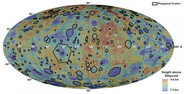 Mapa rozložení polygonálních kráterů na Ceresu Autor: K. A. Otto et al., LPSC2016