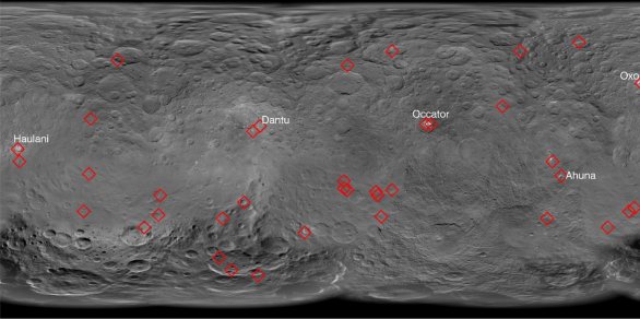 Mapa světlých skvrn identifikovaných na povrchu Ceresu Autor: E. Palomba et al., LPSC2016