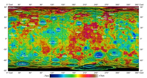 Topografická mapa (vyvýšeniny a sníženiny oproti referenčnímu elipsoidu) na základě měření ze sondy Dawn Autor: NASA/Dawn