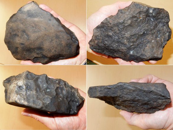 Obrázek 9. Detailní pohled na největší nalezený meteorit Stubenberg (1320 g) ze čtyř různých stran. Autor: Pavel Spurný.