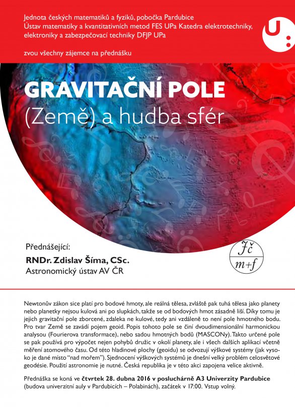 Přednáška Gravitační pole (Země) a hudba sfér 28. dubna 2016 v Pardubicích. Autor: Astronomický ústav AV ČR
