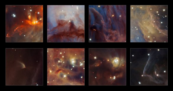 Výběr několika zajímavých oblastí zachycených na působivém snímku mlhoviny v orionu (M 42), který byl vytvořen z mnoha expozic pořízených pomocí infračervené kamery HAWK-I a dalekohledu ESO/VLT. Jde dosud nejhlubší pohled do této oblasti, který odhaluje neočekávané množství velmi slabých objektů planetárních hmotností. Autor: ESO/H. Drass et al.