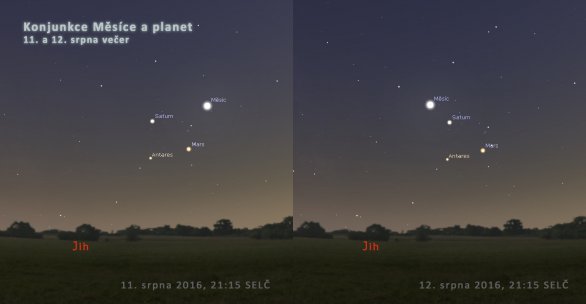 Fotogenická konjunkce planet s Měsícem a hvězdou Antares 11. a 12. srpna za soumraku nízko nad jižním obzorem zpestří pozorování Perseid. Autor: Stellarium/Petr Horálek.