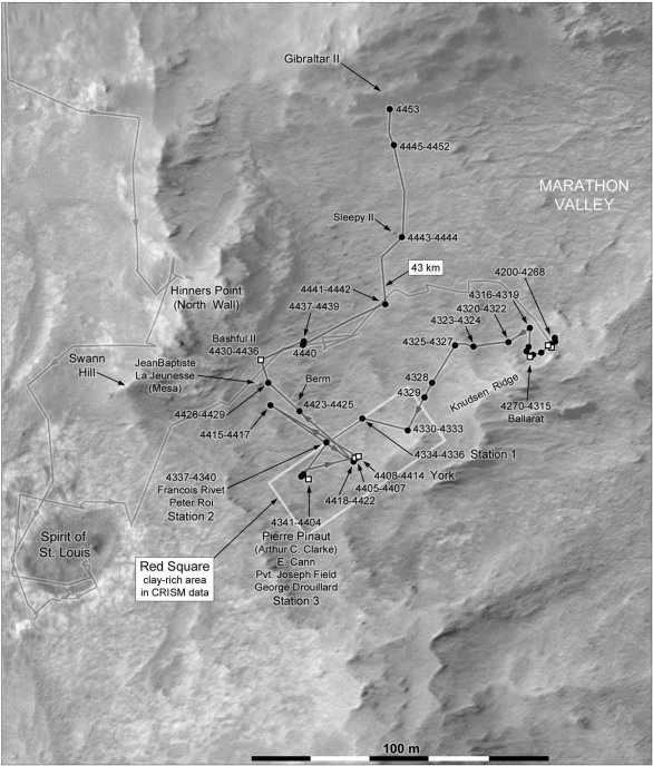 Mapa polohy Opportunity k solu 4453 v srpnu 2016 Autor: NASA/JPL/MSSS/Phil Stooke