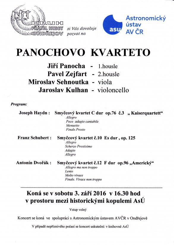 Program koncertu Panochova kvarteta 3. září na ondřejovské hvězdárně. Autor: Astronomický ústav AV ČR
