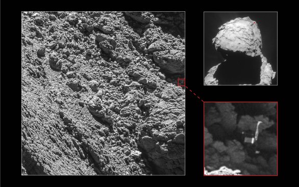 Snímek modulu Philae na povrchu komety 67P/Čuryumov-Gerasimenko 2. září 2016 Autor: ESA/Rosetta/MPS for OSIRIS Team MPS/UPD/LAM/IAA/SSO/INTA/UPM/DASP/IDA