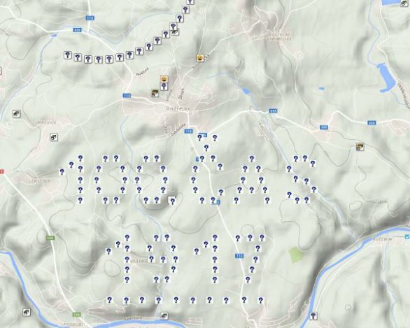 Rozmístění kešek v geokešingovém projektu při příležitosti 100. výročí založení ČAS. Autor: Hvězdárna Františka Pešty v Sezimově Ústí.