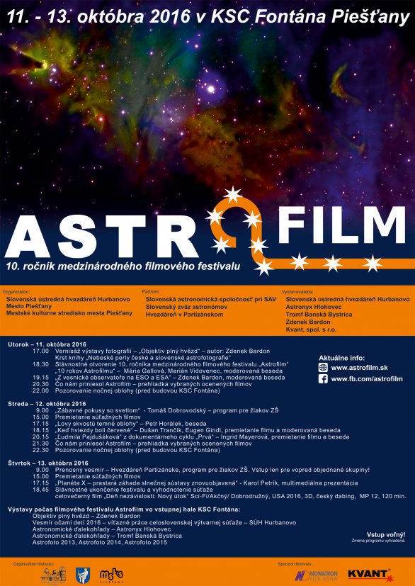 Astrofilm 2016 proběhne tradičně v Piešťanech, letos od 11. do 13. října. Autor: Slovenská ústredná hvezdáreň Hurbanovo.