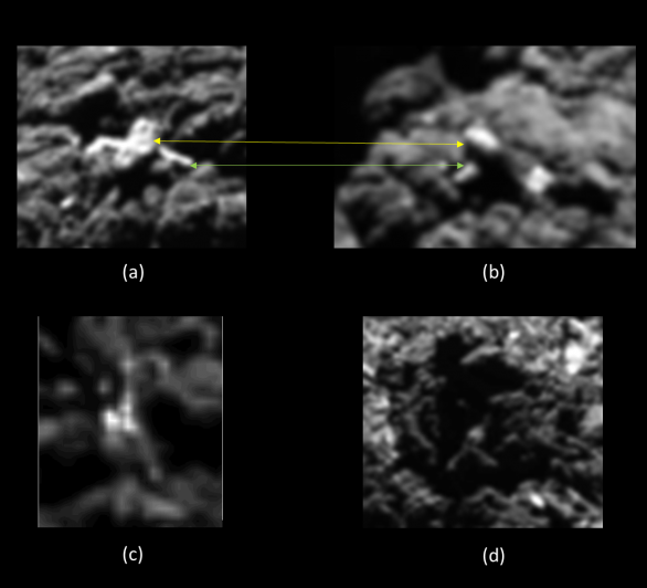 Falešní kandidáti: (a) a (b) ukazují přední a vrchní pohled na jednoho z nich. Změna úhlu pohledu ukazuje, že jde o ledový balvan. Obrázky (c) a (d) také ukazují kus ledu před kamenem, připomínající na první pohled lander Autor: obrázky: ESA/Rosetta/MPS for OSIRIS Team MPS/UPD/LAM/IAA/SSO/INTA/UPM/DASP/IDA; analýza: L. O’Rourke
