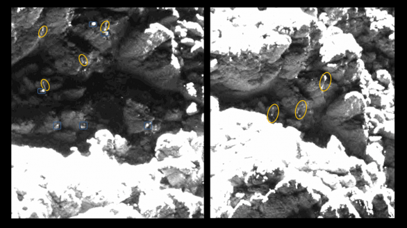 Dva obrázky z 25. května 2016 s vyznačením stejných „ledových“ struktur v okolí červeného kandidáta Autor: obrázky: ESA/Rosetta/MPS for OSIRIS Team MPS/UPD/LAM/IAA/SSO/INTA/UPM/DASP/IDA; analýza: L. O’Rourke