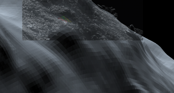 Snímek OSIRIS a 3D model skalnatého nosu kde vidíme rozdíly nejlépe Autor: ESA/Rosetta/SGS/R. Andres; vložený obrázek: ESA/Rosetta/MPS for OSIRIS Team MPS/UPD/LAM/IAA/SSO/INTA