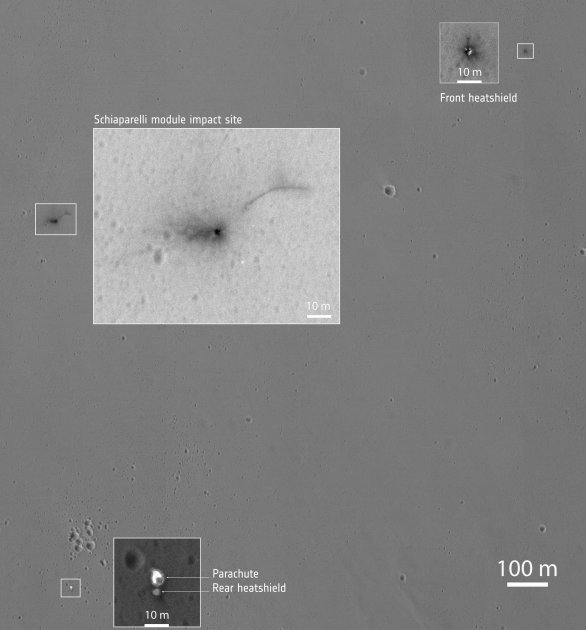 Části modulu Schiaparelli na Marsu. Autor: ESA/NASA/JPL/University of Arizona
