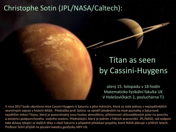 Přednáška: Titan očima družice Cassini-Huygens 15. listopadu 2016. Autor: MFF UK.