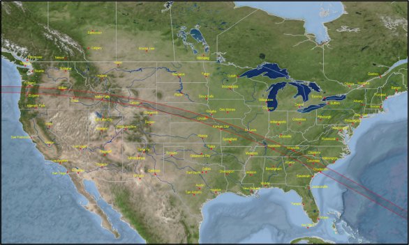 Pás zatmění Slunce 21. srpna 2017 na území USA. Autor: Eclipsophile.com